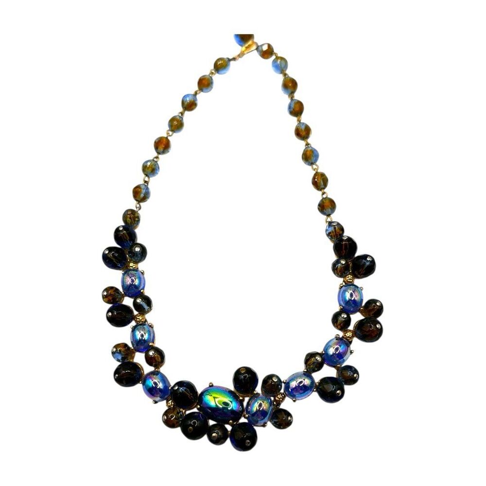 Iridescent Blue & Amber Glass Cluster Necklace